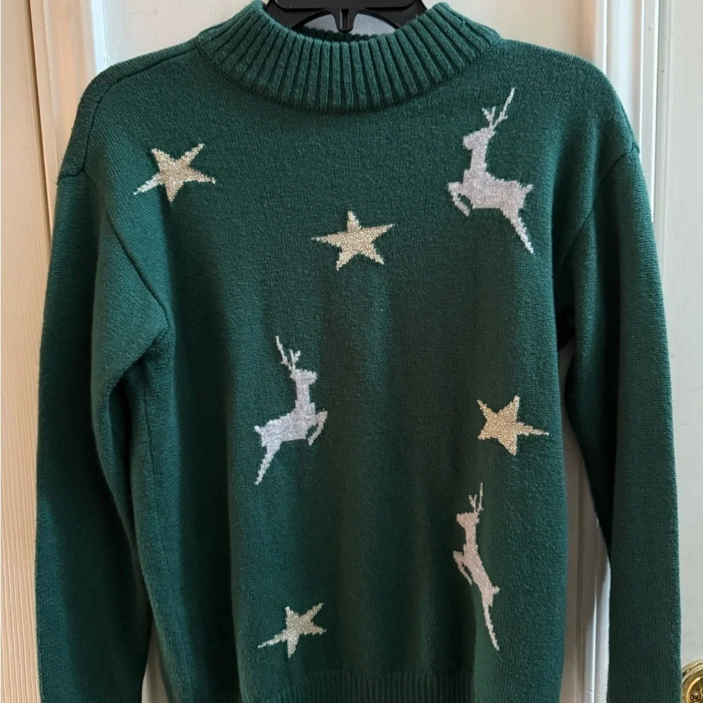 Talbots Petite Reindeer & Stars Mock Turtleneck Sweater